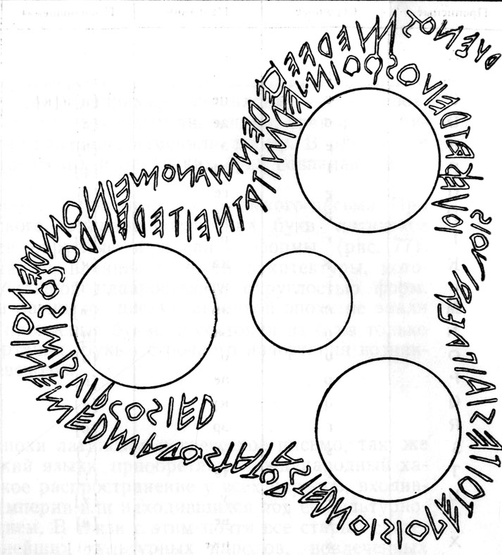 76. Одна из древнейших латинских надписей (на жертвенном сосуде Дуэна, V в. до н. э., перерисовка)