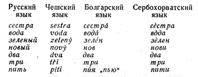 Таблица. Проявление общности языков славянской группы в многочисленных лексических совпадениях